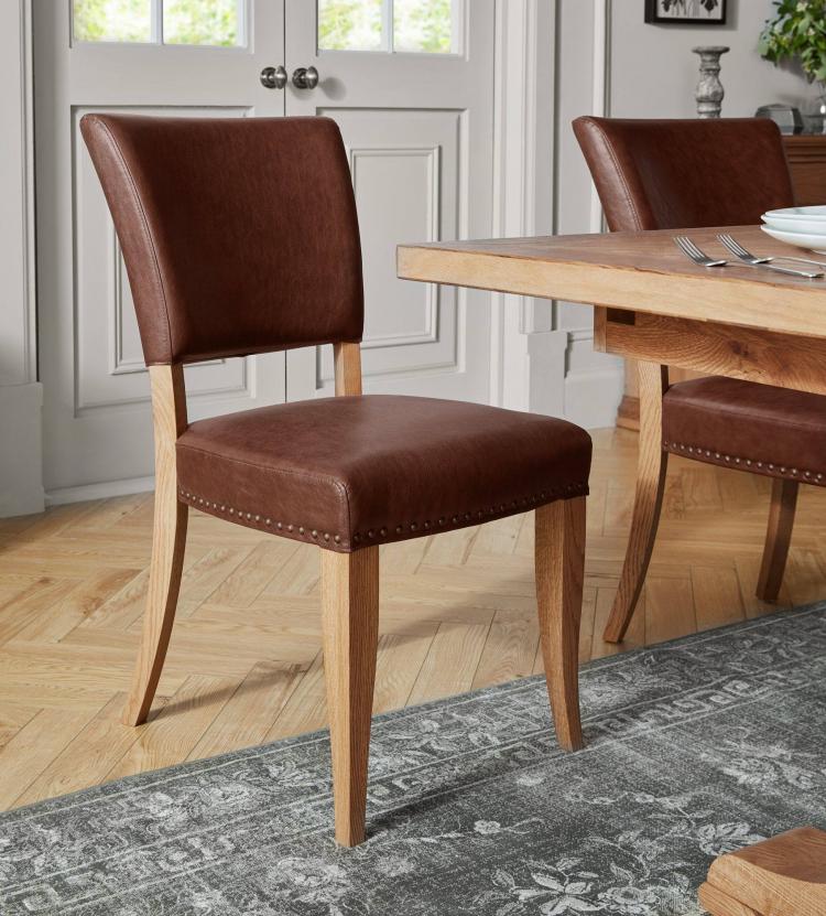 Bentley Designs - Belgrave Oak Upholstered Dining Chair (Pair) - Faux Leather - Tan
