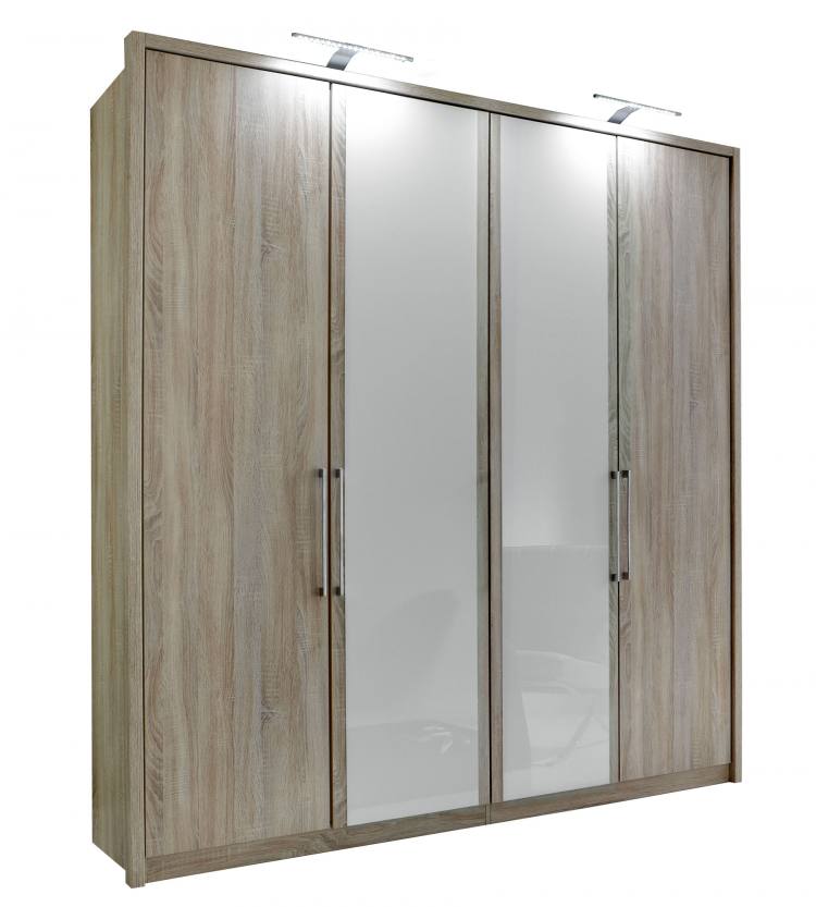Pictured in Light Rustic Oak with 2 White Glass doors. Passe-partout frame and lights sold separately.