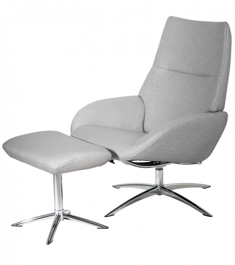 Kebe Lotus Swivel Chair in Lido Light Grey Front Side View with Footrest 