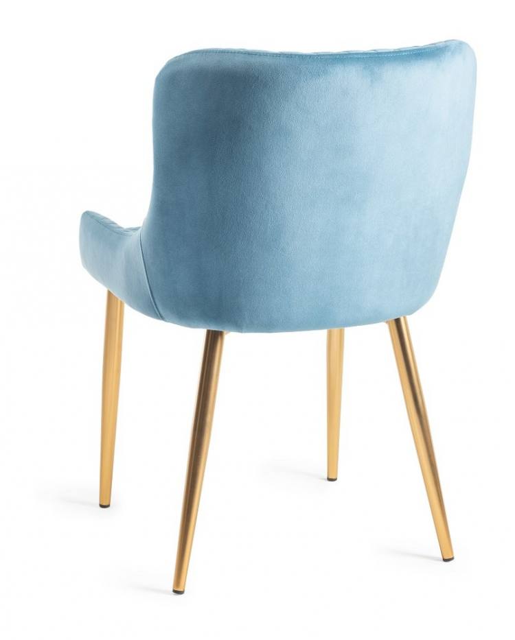View of the Back of the Bentley Designs Cezanne Petrol Blue Velvet Fabric Chair with Matt Gold Plated Legs 